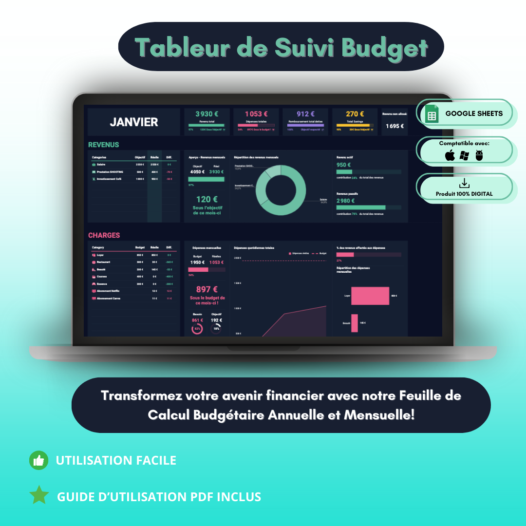 Gestionnaire de Budget Intuitif (Personnel & Pro) |  Épargnez facilement  [Optimisé Google Sheets]